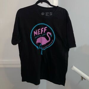 Neff Black Tee with Pink Flamingo and Blue Accents